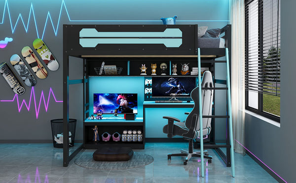 English Elm Full Size Gaming Loft Bed with Built-in Desk Led Lighting Usb Ports and Pegboard Black+Blue LT000270AAC