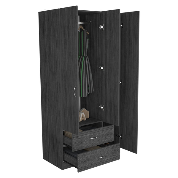 English Elm Austral 3 Door Armoire with Two Drawers, Five Shelves and Hanging Rod — Smokey Oak Finish for Organized Rooms and Bedrooms Smoke Grey 39 L x 22 W x 3 H B200S00360