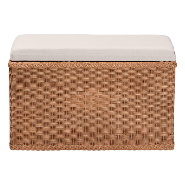 English Elm Braided Rattan Mahogany Storage Bench with Cushioned Lift Top for Coastal Boho Rooms B2750P467839