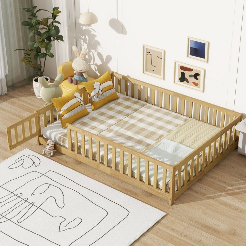 English Elm Twin Size Rubberwood Floor Bed with Safety Fence for Toddler Rooms Natural Finish W504P370533