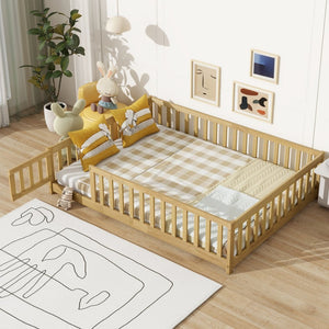 English Elm Twin Size Rubberwood Floor Bed with Safety Fence for Toddler Rooms Natural Finish W504P370533