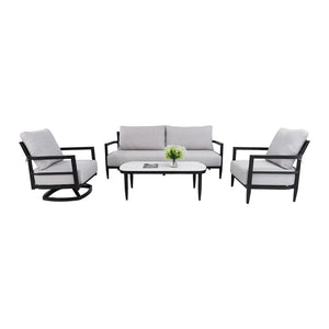 English Elm 4pc Outdoor Conversation Set Sintered Stone Table Swivel Chair Sunbrella Cushions W1886S00042