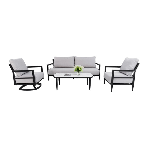 English Elm 4pc Outdoor Conversation Set Sintered Stone Table Swivel Chair Sunbrella Cushions W1886S00042