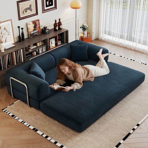 English Elm 78.8" Compression Sofa Convertible Floor Bed with Corduroy Fabric, No-Assembly Modular Futon, Supportive Backrest and Armrests Blue W2824P373438