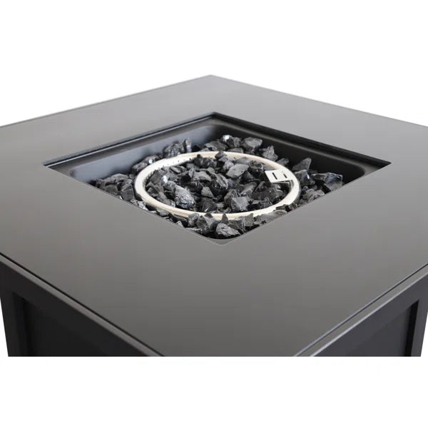 English Elm 30" Powder-Coated Metal Fire Pit Table with Smoked Glass Shield, 40,000 BTU, Lava Rocks Included Black B120S00051