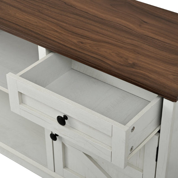 English Elm U-can Farmhouse Wall Unit with Barn Doors Built-in Power Outlets and Open Shelving White+Walnut SJ000154AAK