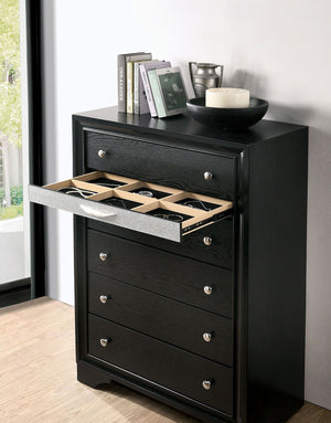English Elm Contemporary Chic Chest with Gold Accents, Acrylic Trim, Metal Bracket Legs and Dust‑Proof Drawers Black 38 L x 20 W x 56 H B2741P375927