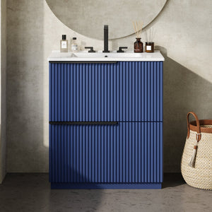 English Elm Christopher Knight Home® - 30" Freestanding Bathroom Vanity With Ceramic Sink, Soft-Close Drawers & Elegant Fluted Design In Blue N817P288915B