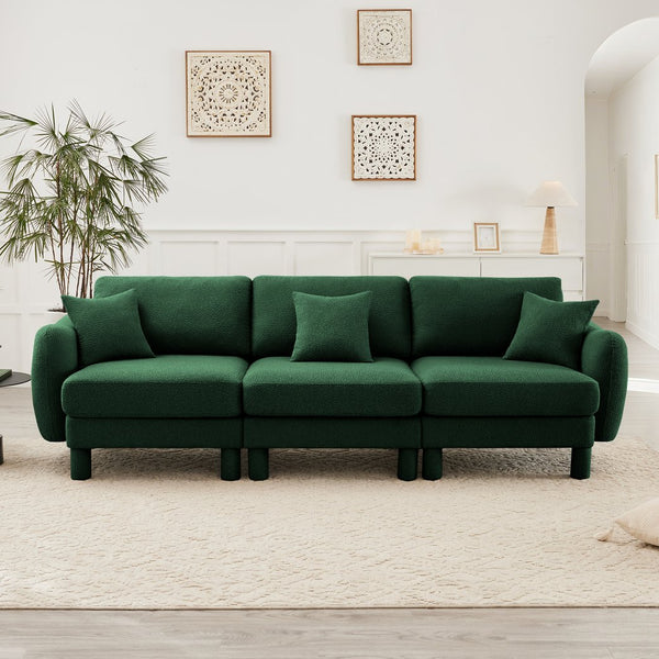English Elm Boucle 3-Seater Plush Sofa With Elegant Shell Armrests And Wrapped Cylindrical Legs In Green W3041S00308
