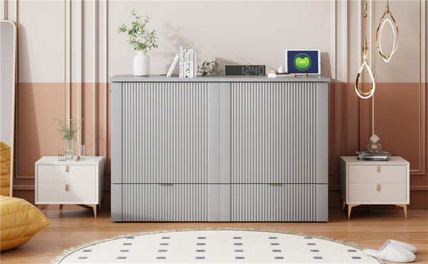 English Elm Full Size Wall Murphy Bed Cabinet with Usb Ports Drawer and Pulley Lift Gray Finish LP100770AAE