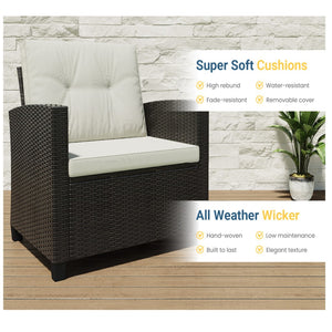 English Elm 4-piece Wicker Outdoor Conversation Set with Acacia Wood Table and Foam Cushions Beige+Brown B082S00061