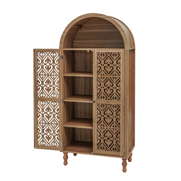 English Elm 70.28" Tall Walnut Pantry Cabinet Lattice Carved Doors Adjustable Shelves Two Drawers W688P303382