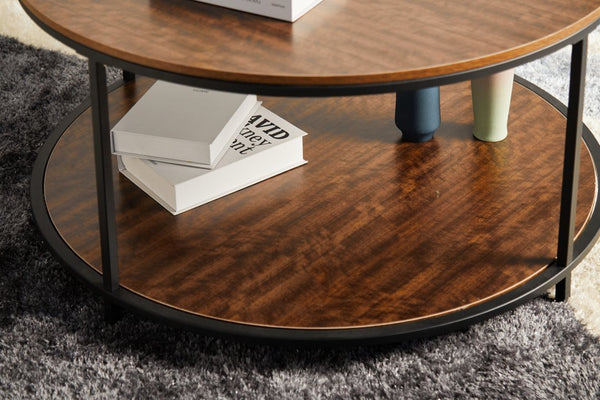 English Elm Round Coffee Table Antique Wood Finish Two Tier Open Shelf Modern Living Room Black Brown W1911P371570