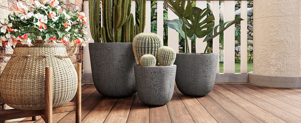 English Elm U_style Mgo Round Planters Set of Three Crackle Stone Texture Patio Garden Pots Gray N711P406660E
