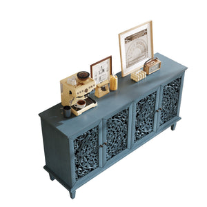English Elm 60" Hand-Carved Floral Buffet Cabinet with Solid Wood Legs, Brass Handles, Adjustable Shelves, TV Stand Antique Blue W1445P321198