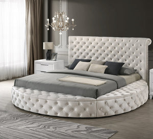 English Elm Unique Round Plush Velvet Button-Tufted Storage Bed Queen with Studded Headboard and 2 Nightstands Set Ivory,White 54.75 L x 79.5 W x 8.25 H B2741S00099