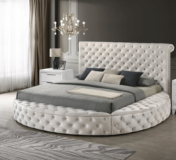 English Elm Unique Round Plush Velvet Button-Tufted Storage Bed Queen with Studded Headboard and 2 Nightstands Set Ivory,White 54.75 L x 79.5 W x 8.25 H B2741S00099