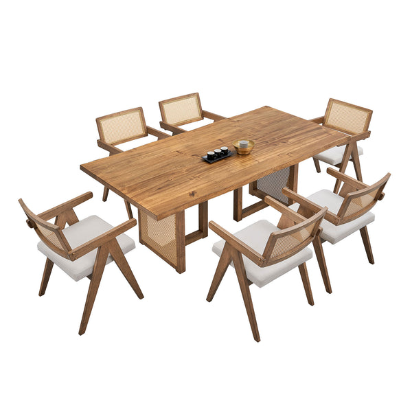 English Elm 70.87 Wave Dining Table OAK 70.87 Inch Rectangular Mid-Century Modern Rattan Weave Table for 6, Durable Wood W2582S00091
