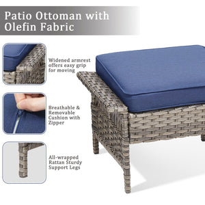 English Elm Outdoor Handwoven Pe Wicker Ottoman Set Patio Footrests with Weather Resistant Cushions Blue T3773P416509