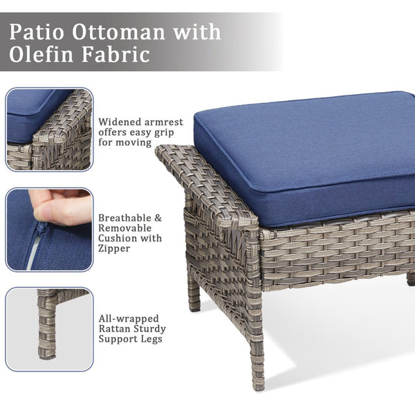 English Elm Outdoor Handwoven Pe Wicker Ottoman Set Patio Footrests with Weather Resistant Cushions Blue T3773P416509