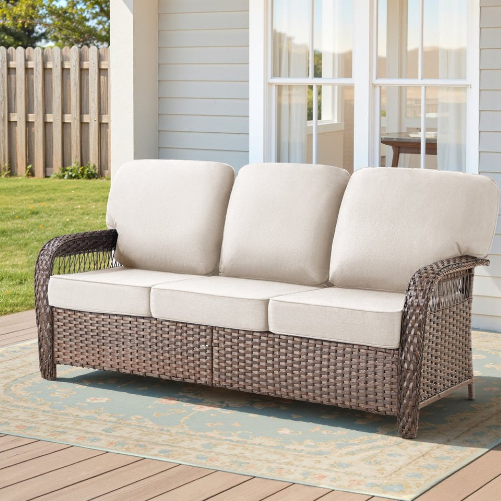 English Elm 75.2" Outdoor Pe Wicker Sofa Deep Seat T-back Cushions Porch Backyard Lounge T3773P418415