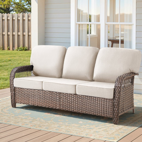 English Elm 75.2" Outdoor Pe Wicker Sofa Deep Seat T-back Cushions Porch Backyard Lounge T3773P418415