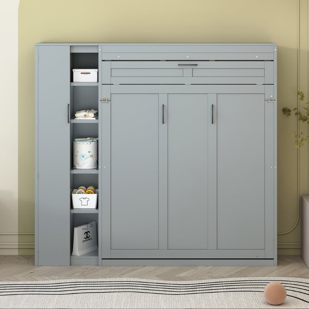 English Elm Full Size Murphy Bed with Open Shelving Wardrobe and Led Lighting for Studio Spaces Gray LP000898AAE-1