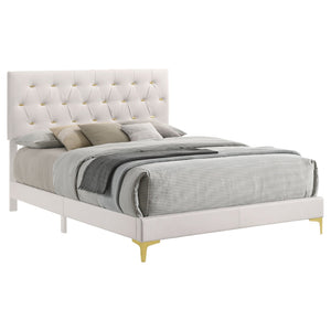 English Elm James Glam Eastern King Bed White Leatherette Diamond Tufted Gold Accent Headboard B062P466878