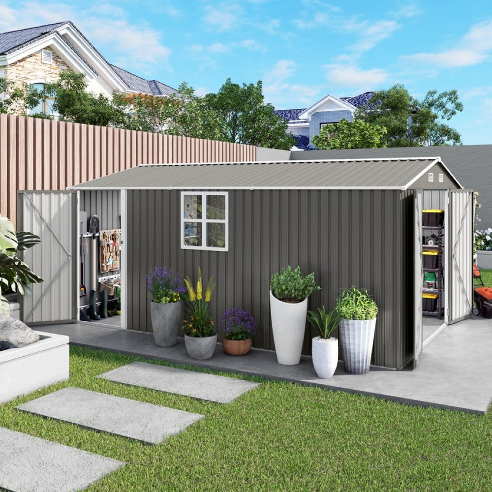English Elm 10x14 Ft Galvanized Steel Outdoor Storage Shed with Lockable Doors and Vented Window W3213S00005