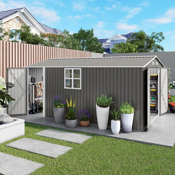 English Elm 10x14 Ft Galvanized Steel Outdoor Storage Shed with Lockable Doors and Vented Window W3213S00005