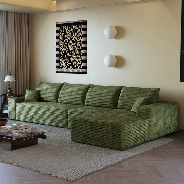 English Elm 135" Cloud Sectional Couch – L-Shape Modular Sofa With Deep Seating, Plush Corduroy In Elegant Green W2824S00126