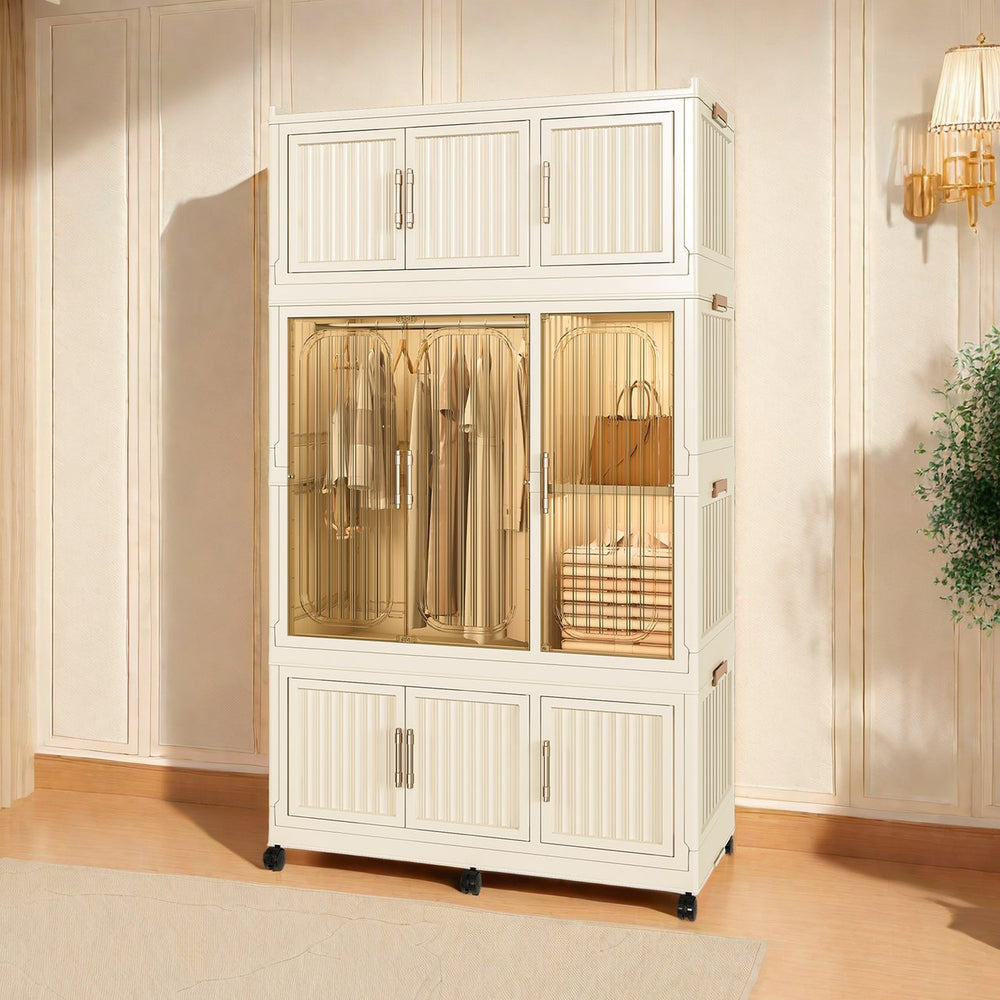 English Elm Portable Wardrobe Closet Organizer Cream White - Durable PP Modular Cube Storage with 9 Magnetic Doors, Hanging Rod and 6 Hangers, Quick Assemble-Friendly (36.8x18.1x15.8) W2699P253195