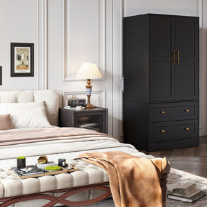 English Elm Shaker Two Door Wardrobe Armoire with Hanging Rod Drawers and Bedroom Storage T3210P477663