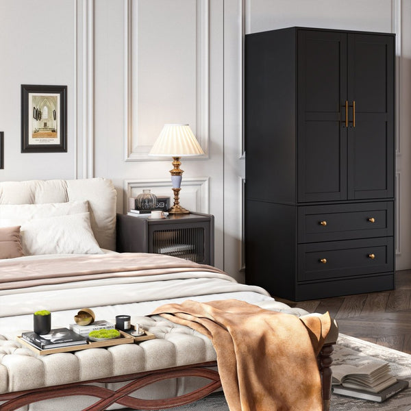 English Elm Shaker Two Door Wardrobe Armoire with Hanging Rod Drawers and Bedroom Storage T3210P477663