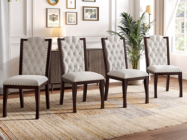 English Elm Upholstered High-Back Dining Chairs Set of 4 with Diamond Tufting, Nailhead Trim & Solid Wood Legs, Durable Comfort for Kitchen, Dining Room, Restaurant Seating Beige,Espresso N752P331360P
