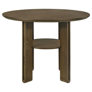 English Elm Crispin Rustic Round Counter Height Dining Table with Lower Display Shelf, Chunky Plank Legs, Brown Finish B062P375506