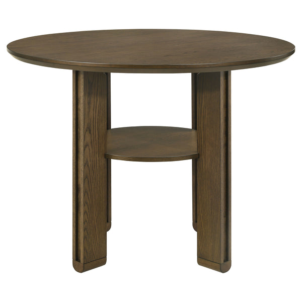 English Elm Crispin Rustic Round Counter Height Dining Table with Lower Display Shelf, Chunky Plank Legs, Brown Finish B062P375506