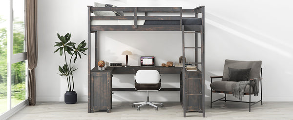 English Elm Full Loft Bed with U-Shaped Workstation, Built-In Drawers, Shelves & Cabinet for Space Saving Antique brown GX001039AAD