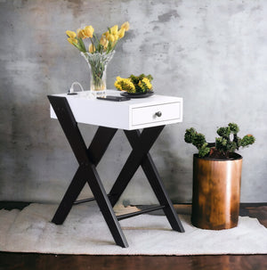 English Elm Fierce Modern White & Black Accent Table with Built-In USB, Pull-Out Drawer, Sleek X-Leg Design B2726P243282