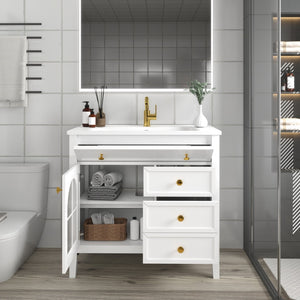 English Elm 35.6" Freestanding Bathroom Vanity with Roman Column Base and Ceramic Integrated Sink White W1801S00011