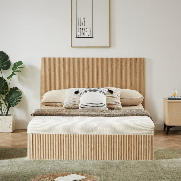 English Elm Queen Hydraulic Lift Storage Bed Oak Finish Curved Headboard Modern Farmhouse Frame W1820S00059