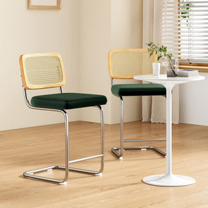 English Elm Farini Velvet Counter Height Bar Stools Set of 2 with Rattan Back, Cantilever Comfort & Floor Protectors Dark Green T3623P354964