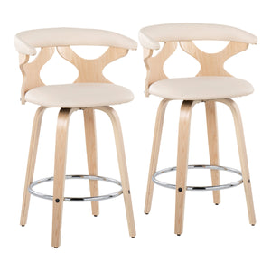 English Elm Gardenia Mid-Century Counter Stools Set of 2 – Natural Wood Lattice Backs, Cream Faux Leather Swivel (97) B202S00284