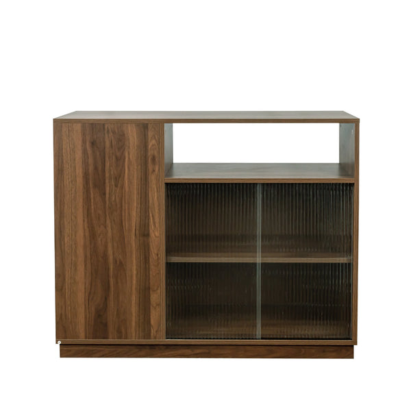 English Elm Kitchen Small Sideboard Countertop Organizer with 2 Glass Sliding Doors, 3 Drawers & Display Shelf, Compact Storage Solution for Kitchen Living Room Office (43.7x17.32x9.84) W331P289098