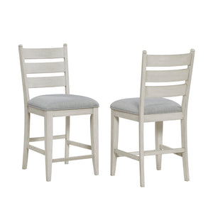 English Elm Farmhouse Weathered White Counter Height Ladder-Back Chairs Set of 2 with Padded Textured Seats for Cozy Kitchen Island Seating Durable Wood Frame Rustic Charm Antique White 43 L x 20 W x 14 H B011P347892