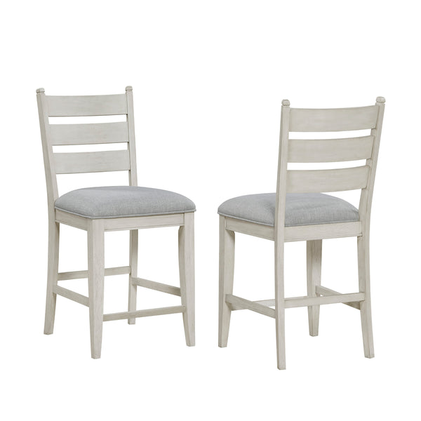 English Elm Farmhouse Weathered White Counter Height Ladder-Back Chairs Set of 2 with Padded Textured Seats for Cozy Kitchen Island Seating Durable Wood Frame Rustic Charm Antique White 43 L x 20 W x 14 H B011P347892