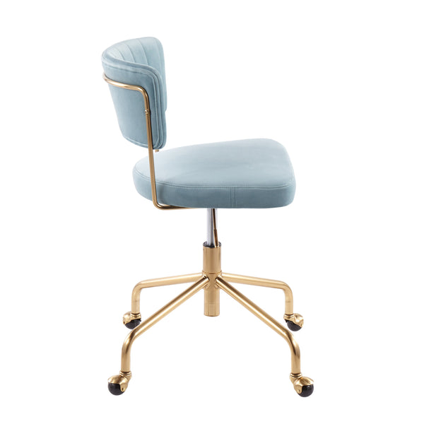 English Elm Tania Velvet Task Chair with Gold Metal Frame — Pleated Back, Adjustable Height, 360° Swivel Comfort Blue B202P223925