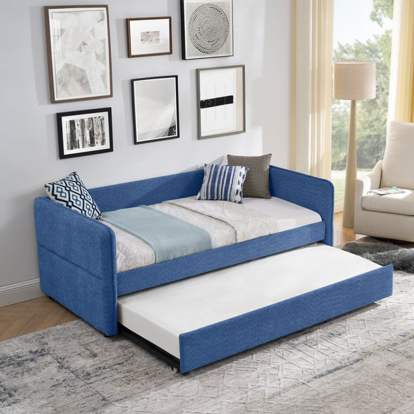 English Elm Daybed Boucle Upholstered Tufted Twin Trundle Sofa for Guest Bedroom Studio Lounge Blue W1413S00173