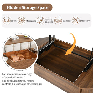 English Elm U-Can Elliptical Lift Top Coffee Table with Hidden Storage, Hydraulic Lift, Wood-Grain Modern Design Brown N724P308481D