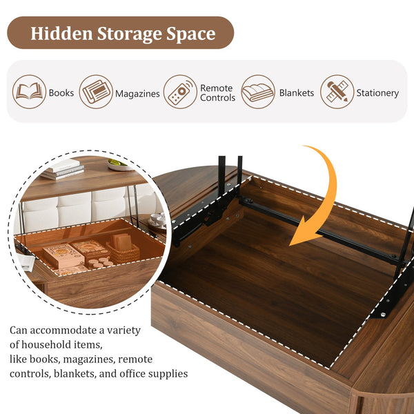 English Elm U-Can Elliptical Lift Top Coffee Table with Hidden Storage, Hydraulic Lift, Wood-Grain Modern Design Brown N724P308481D